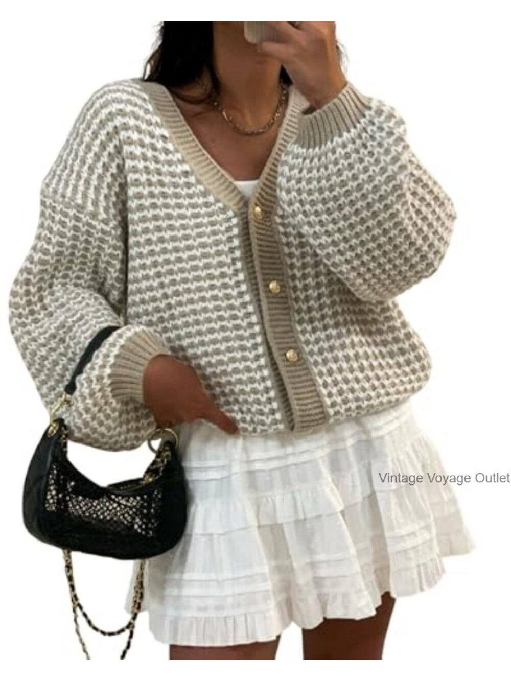 Chunky Knit Open Front Cardigan V-Neck Button Cropped Sweater